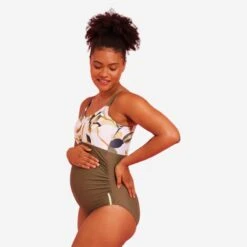 Maillot De Bain Femme De Grossesse Aquagym Natation AYA Kaki Flo Blanc