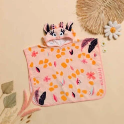 Poncho De Bain Coton Bébé - Girafe Blanc Rose -Nabaiji poncho bebe slash enfant blanc rose avec capuche imprime girafe 1
